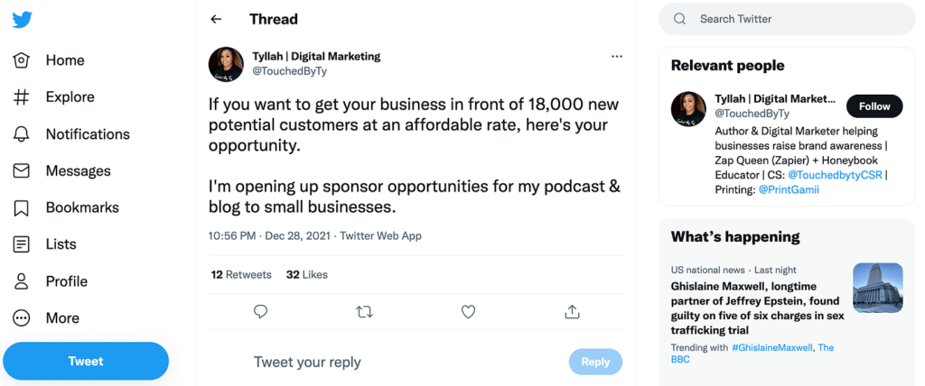 Twitter post for podcasts looking for sponsorship opportunities