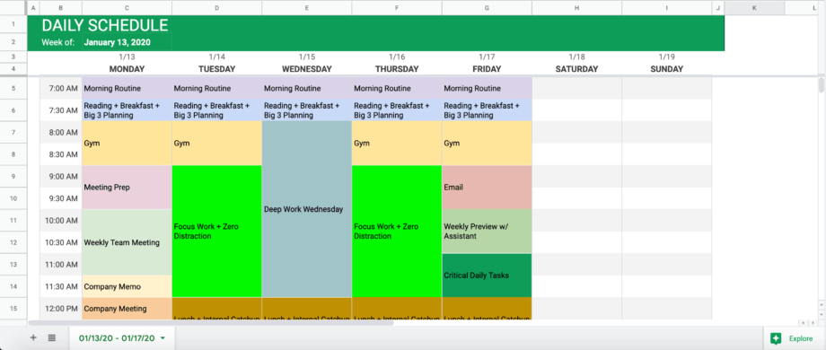 example of a time blocking planner on Excel