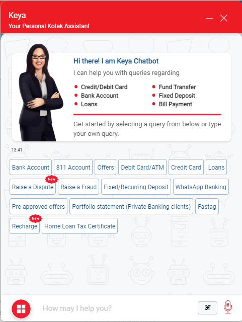 Digital Support Chatbot Keya deployed by Kotak Mahindra Bank